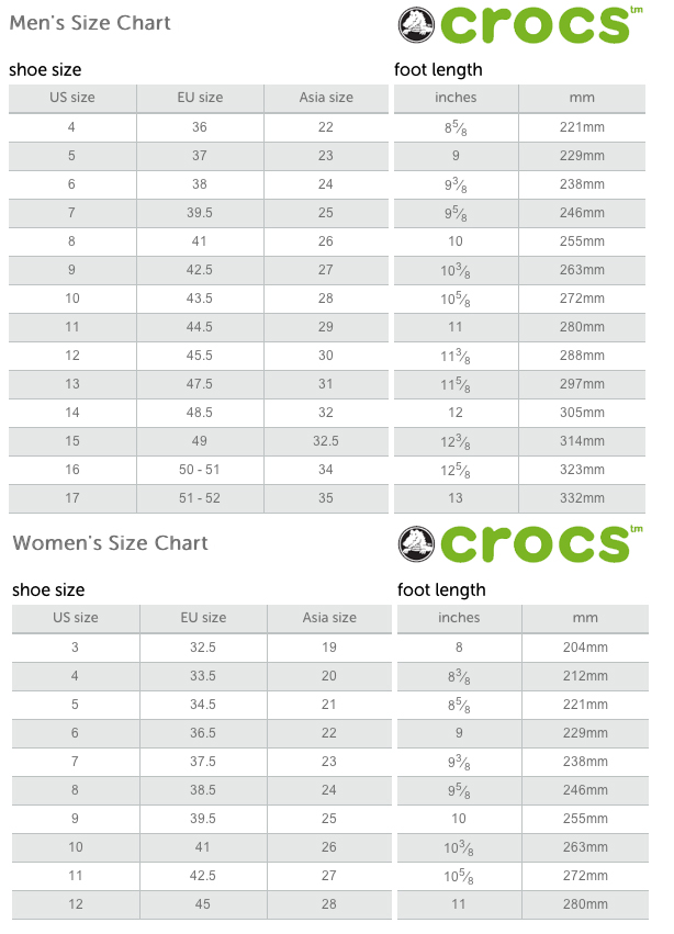 crocs women's shoes size chart