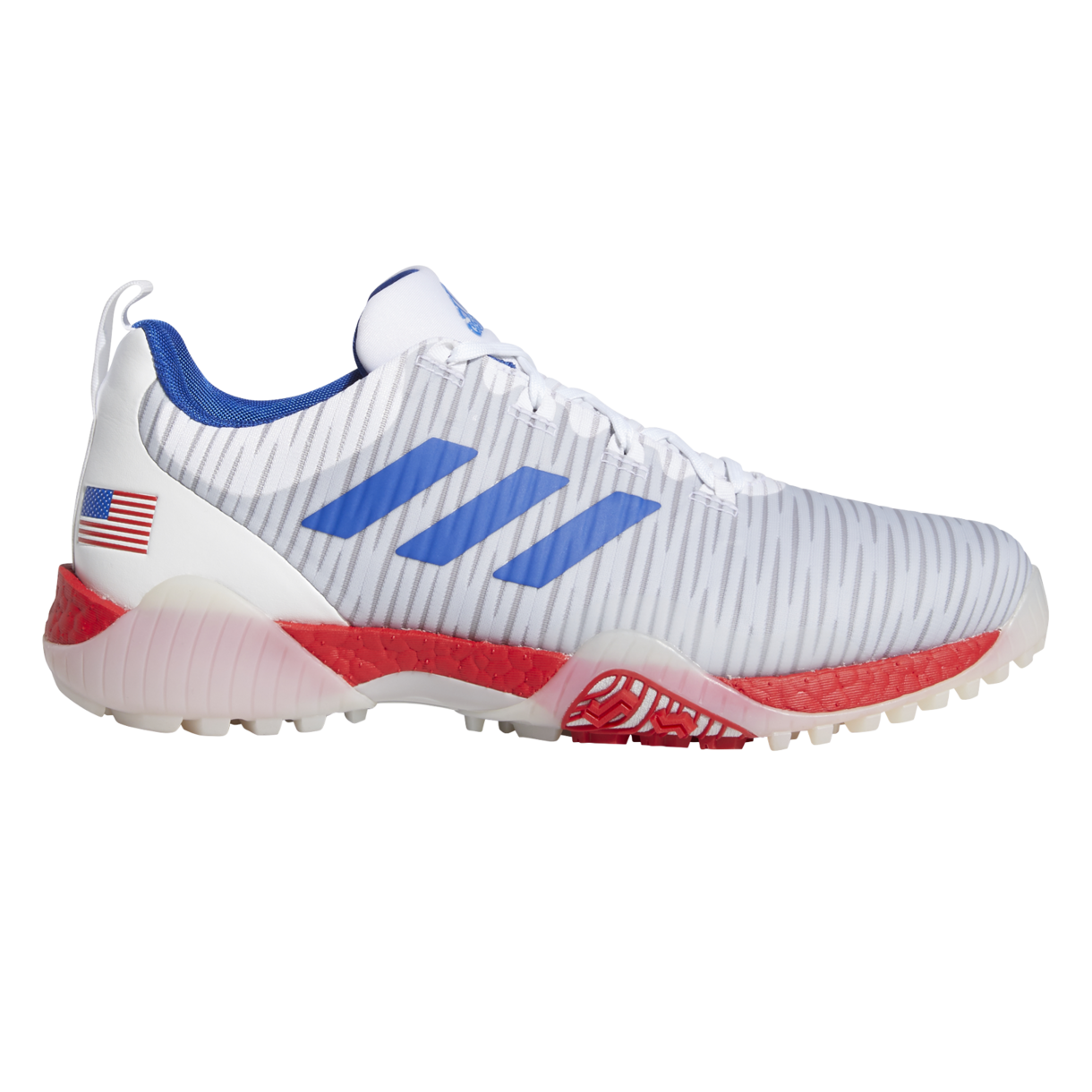 red white and blue adidas golf shoes
